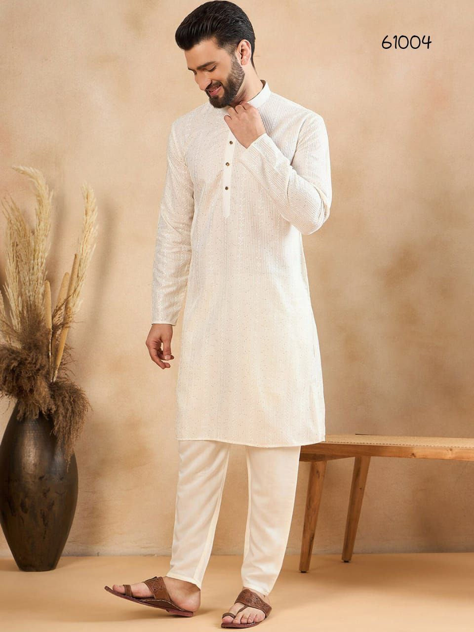 Off White Embroidered Men Kurta Set