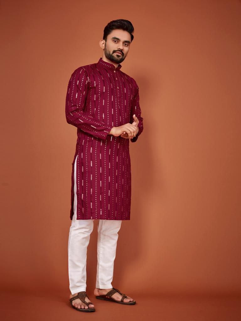 Cotton Embroidered Kurta with Pyjamas - Red