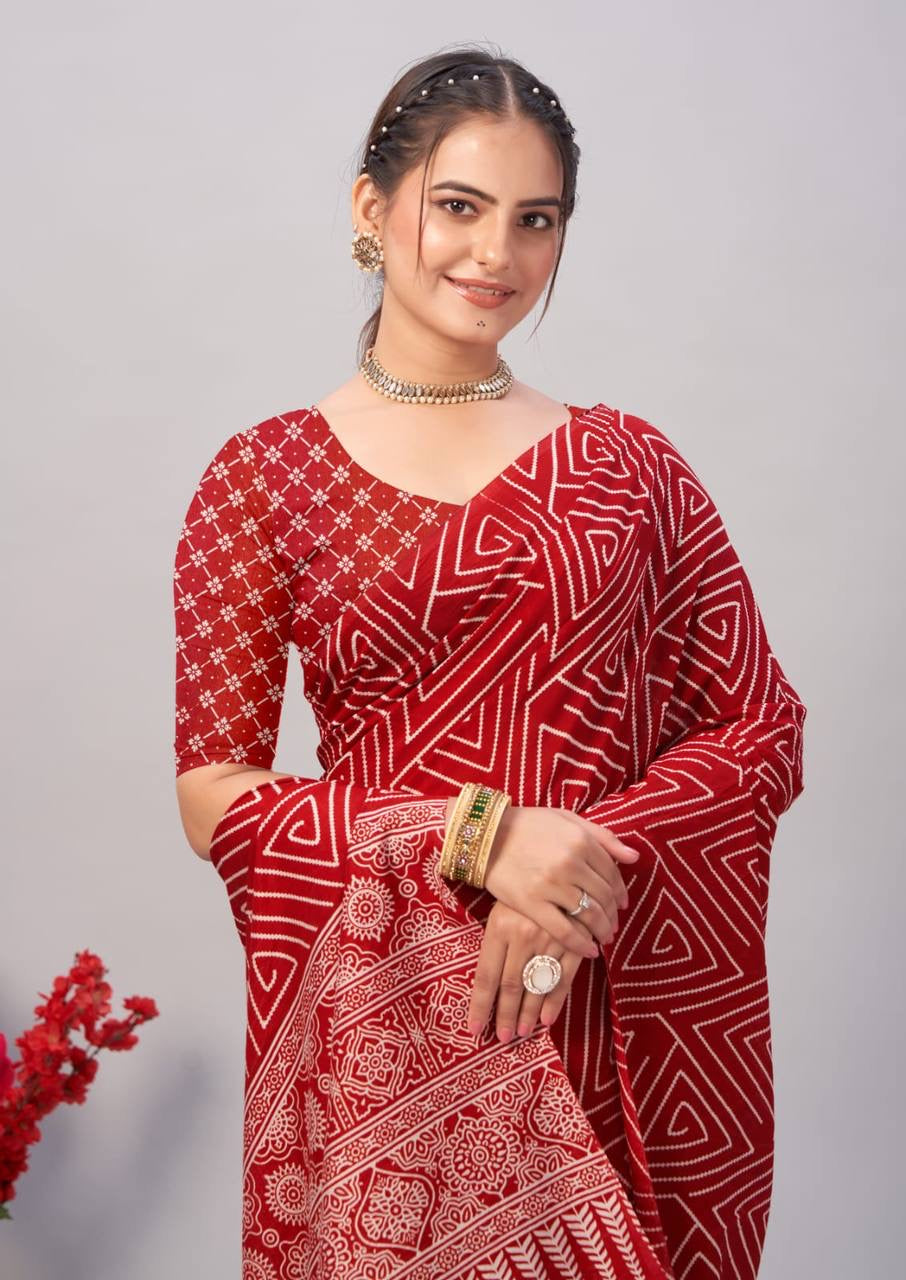 Red Geomteric printed Saree