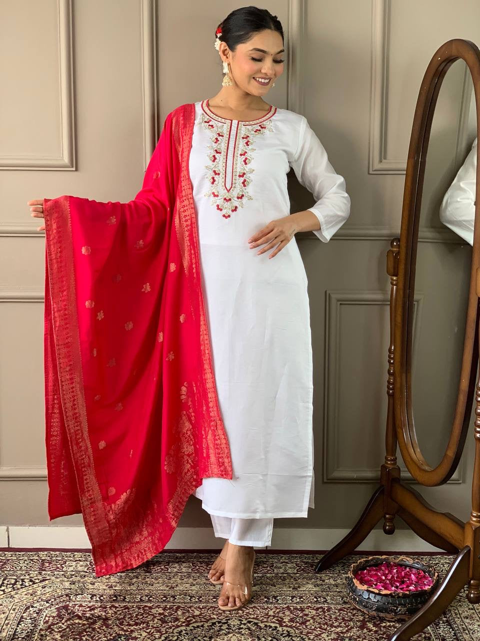 White Kurti with Red Dupatta Set