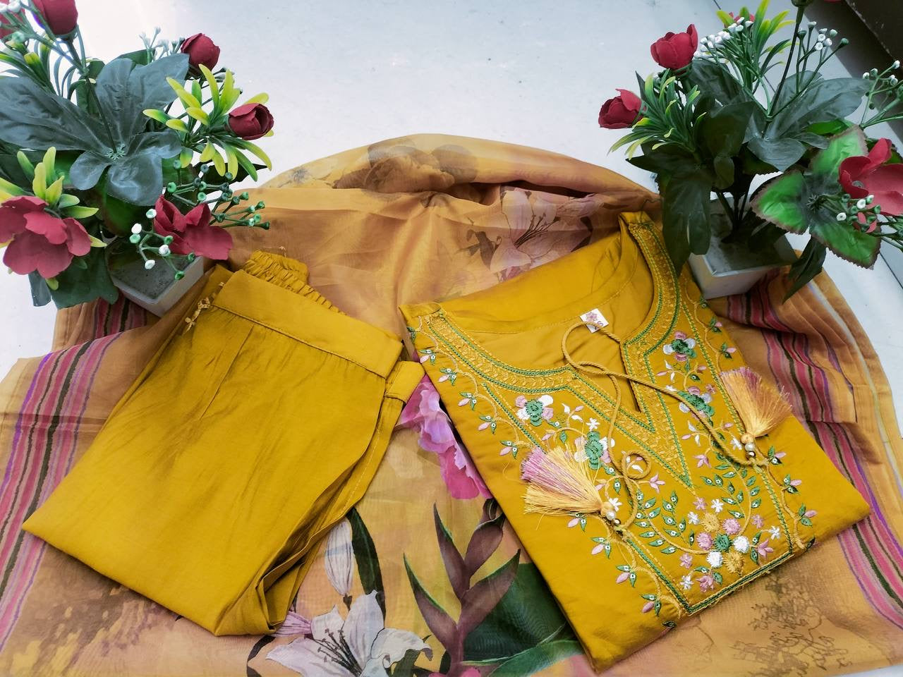 Yellow Chanderi Kurti Set with Dupatta