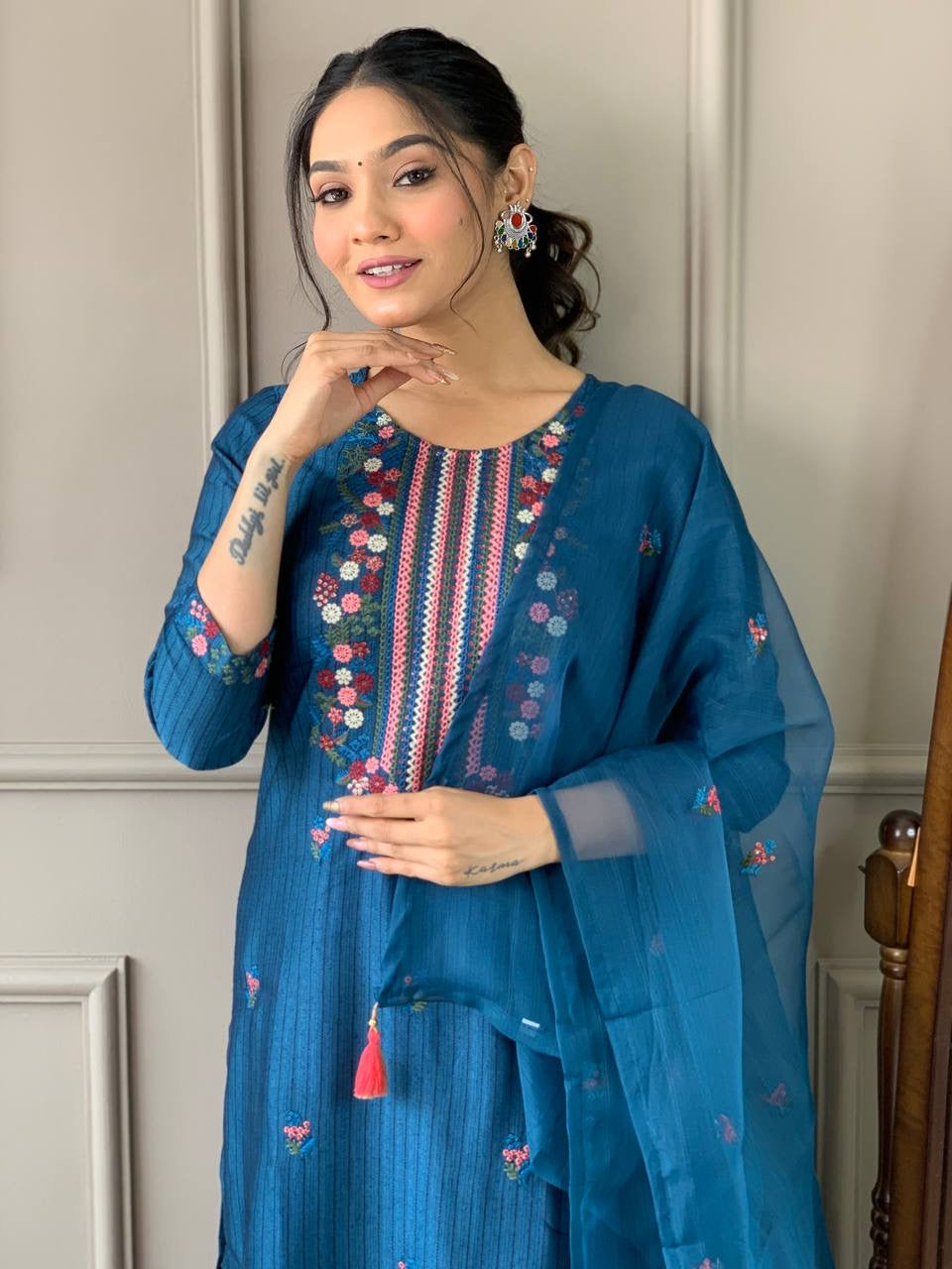 Blue Ready Made Kurti with Pants & Dupatta