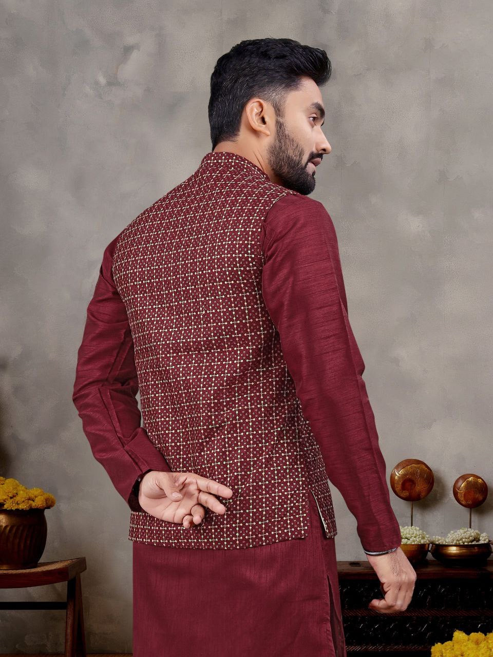 Maroon Nehru Jacket Kurta with Pants for Wedding Season