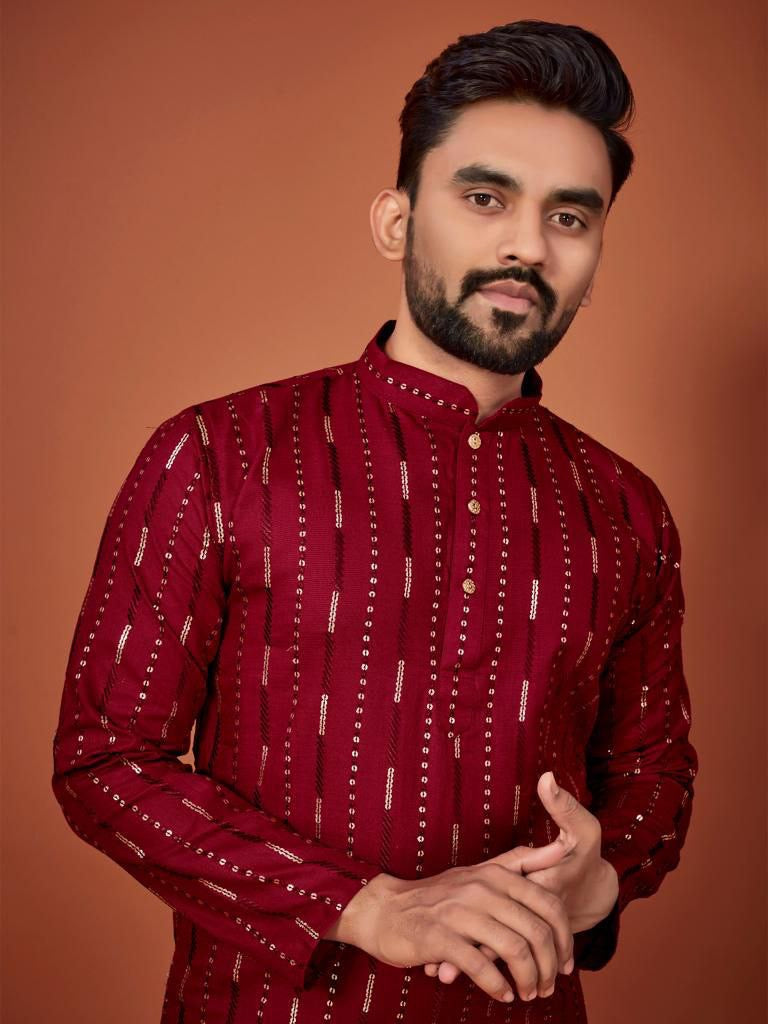 Cotton Embroidered Kurta with Pyjamas - Red