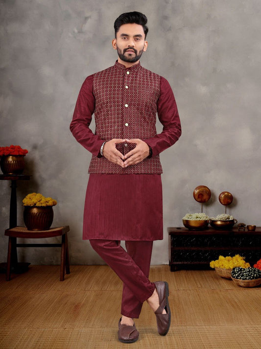 Maroon Nehru Jacket Kurta with Pants for Wedding Season