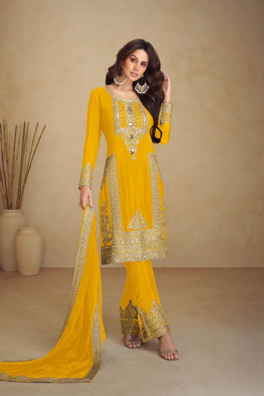 Yellow Chinon Embroidered Kurti Set with Dupatta