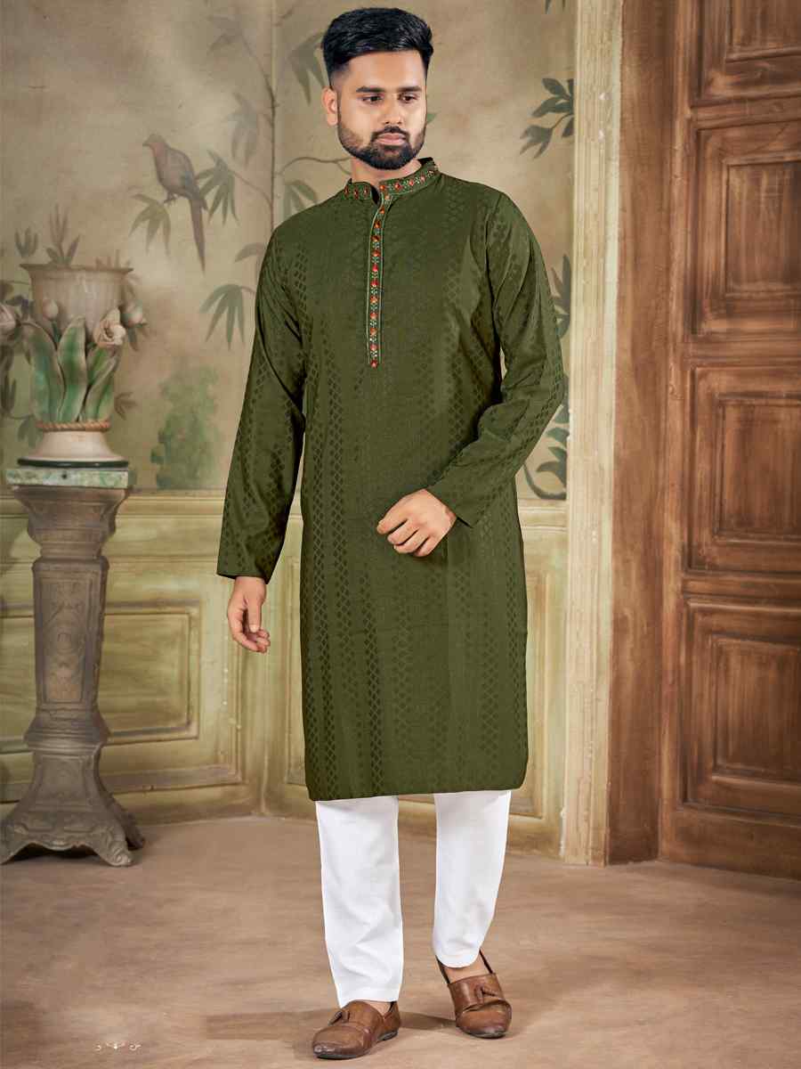 Anantam Olive Green Pure Viscose Embroidered Kurta Set