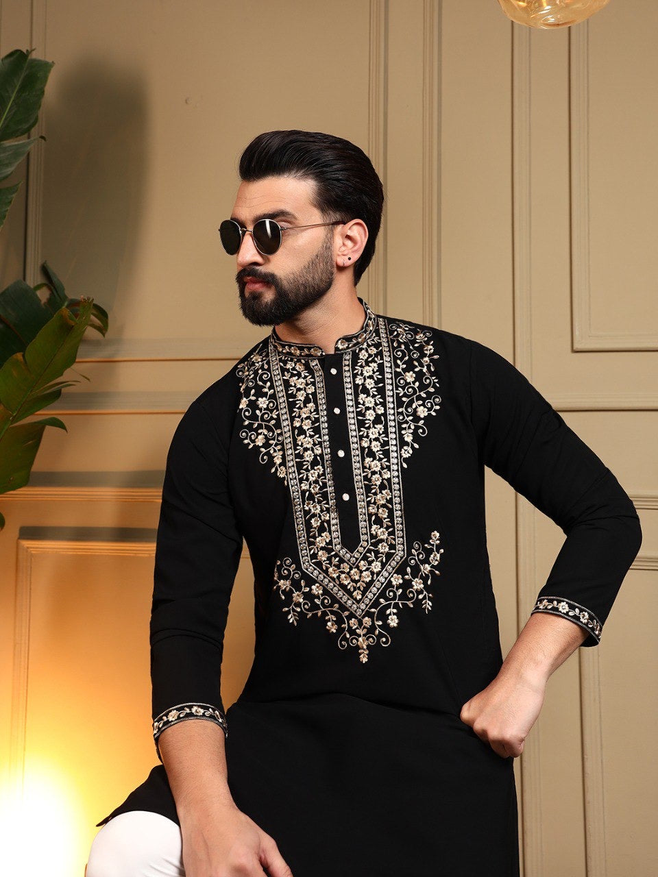 Men's sequin embroidered kurta and pants set by HOUSE OF KURTAS, featuring intricate sequin embroidery and traditional style.