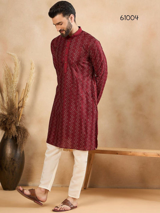 Maroon Designer Embroidered Men Kurta Set