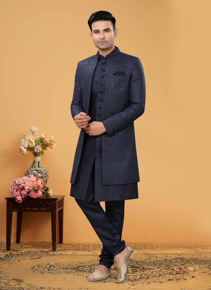 Embroidered Art Silk Indo Western Sherwani - Navy Blue