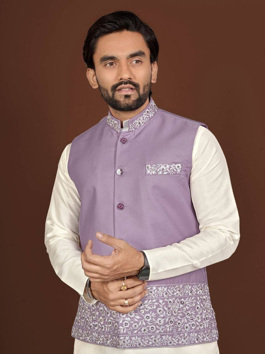 House of Kurtas men nehru jacket,kurta and pants set Lavender Detail