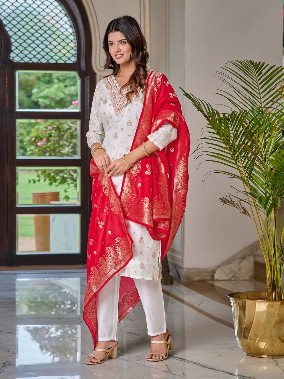 Floral Embroidered Kurti with Dupatta