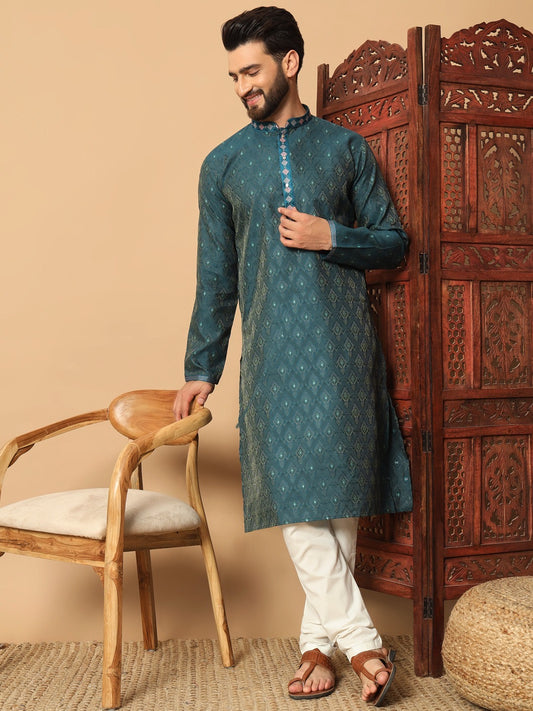 Rama Blue Jacquard Designer Kurta with Pants