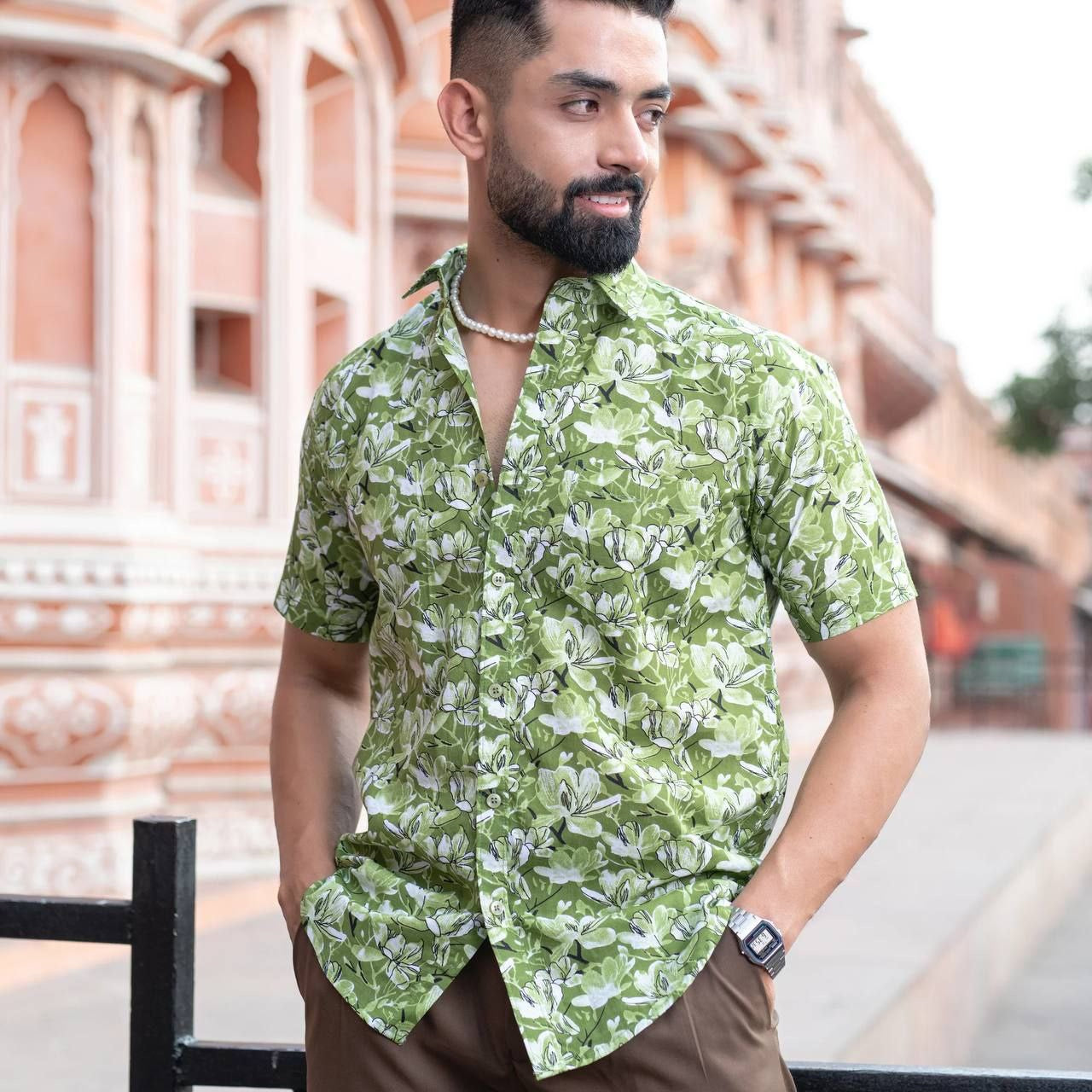 Men Green Floral Short Sleeves Shirt