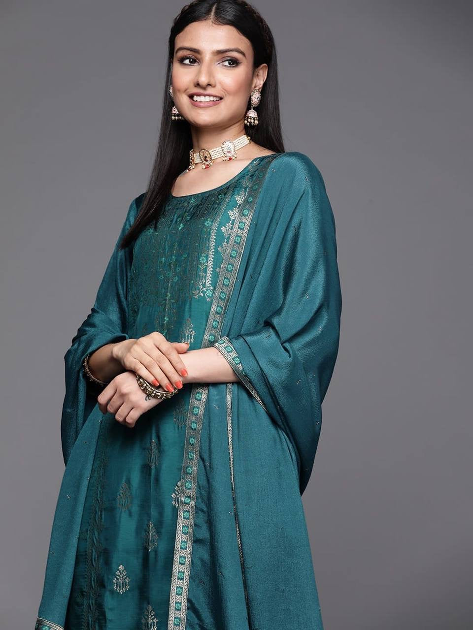 Teal Women Kurti & Pants with Dupatta Set