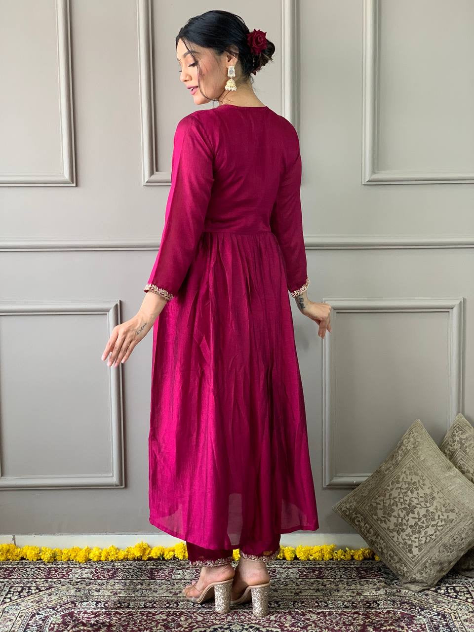 Wine Color Kurti Pant Set