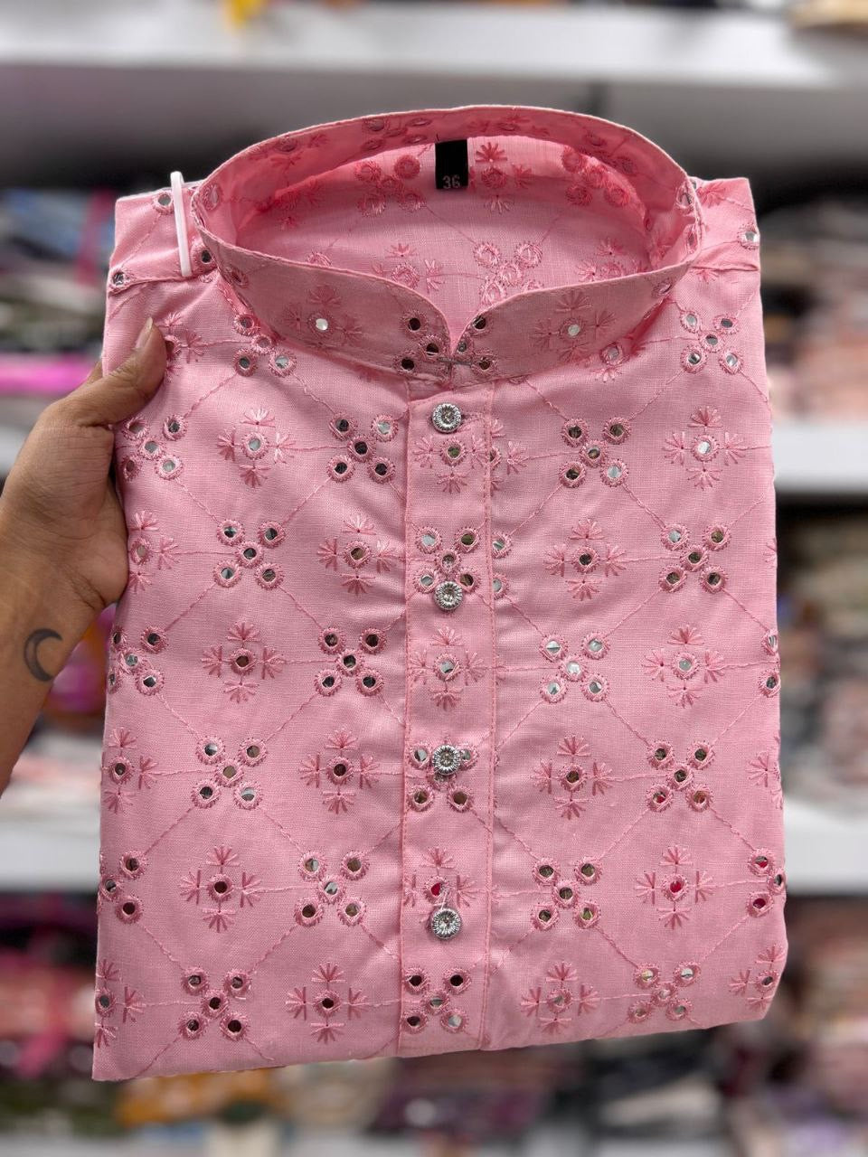 Mirror work partywear kurta for men by HOUSE OF KURTAS, featuring intricate mirror embellishments and traditional styling.