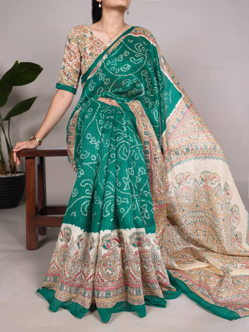 Green Bandhani work Saree