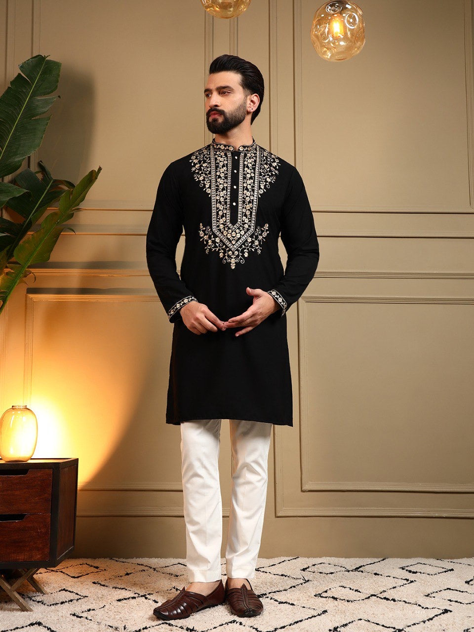 Men's embroidered sequin kurta and pants set by HOUSE OF KURTAS, featuring intricate embroidery and traditional style.