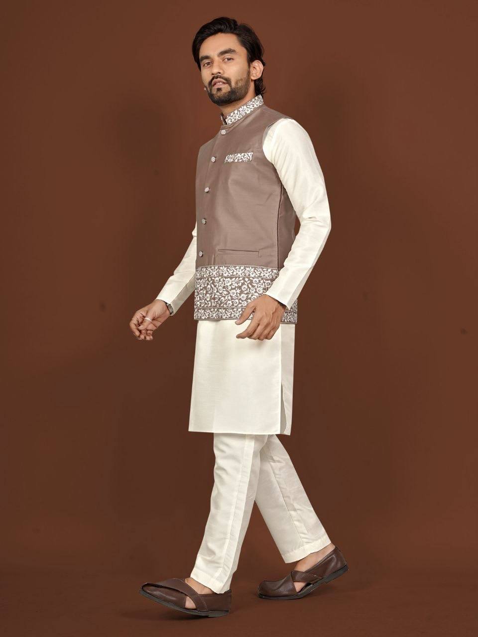 House of Kurtas men nehru jacket,kurta and pants set Taupe Side View