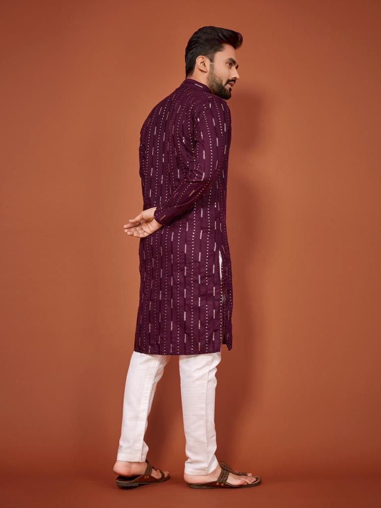 Cotton Embroidered Kurta with Pyjamas - Purple