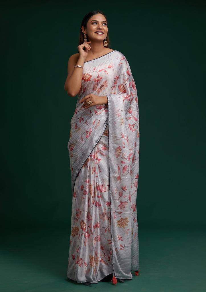 Floral Print Vichitra Saree