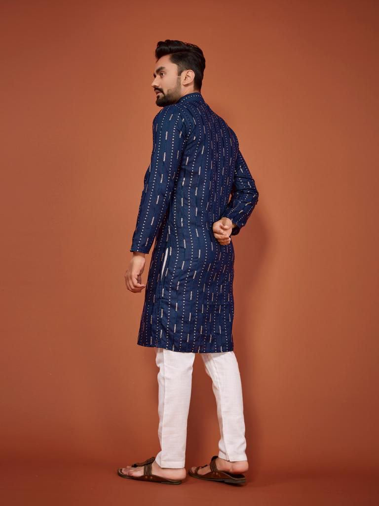 Cotton Embroidered Kurta with Pyjamas - Blue