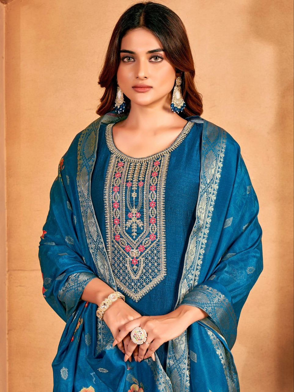 Blue Vichitra Kurti Set