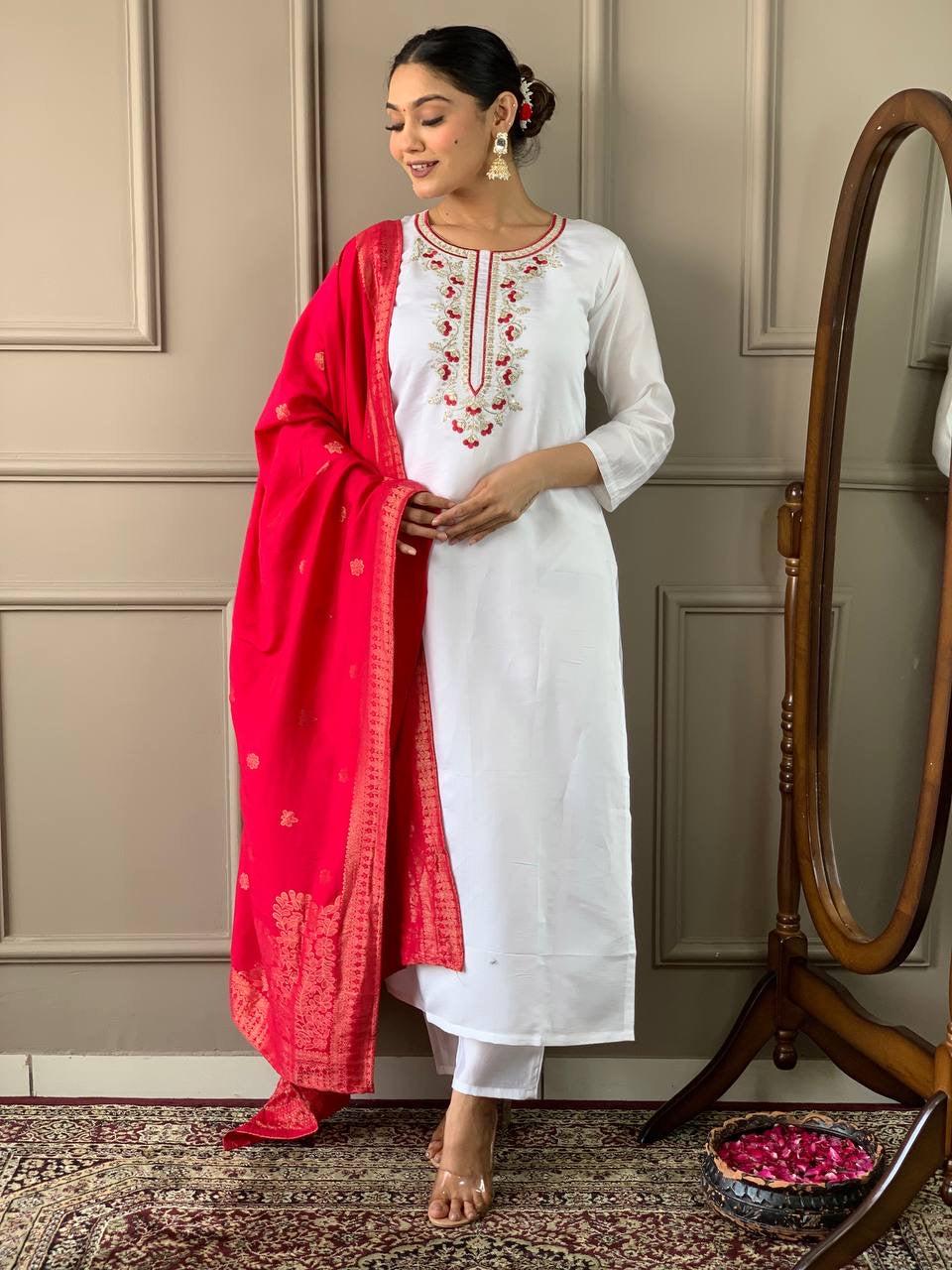 White Kurti with Red Dupatta Set