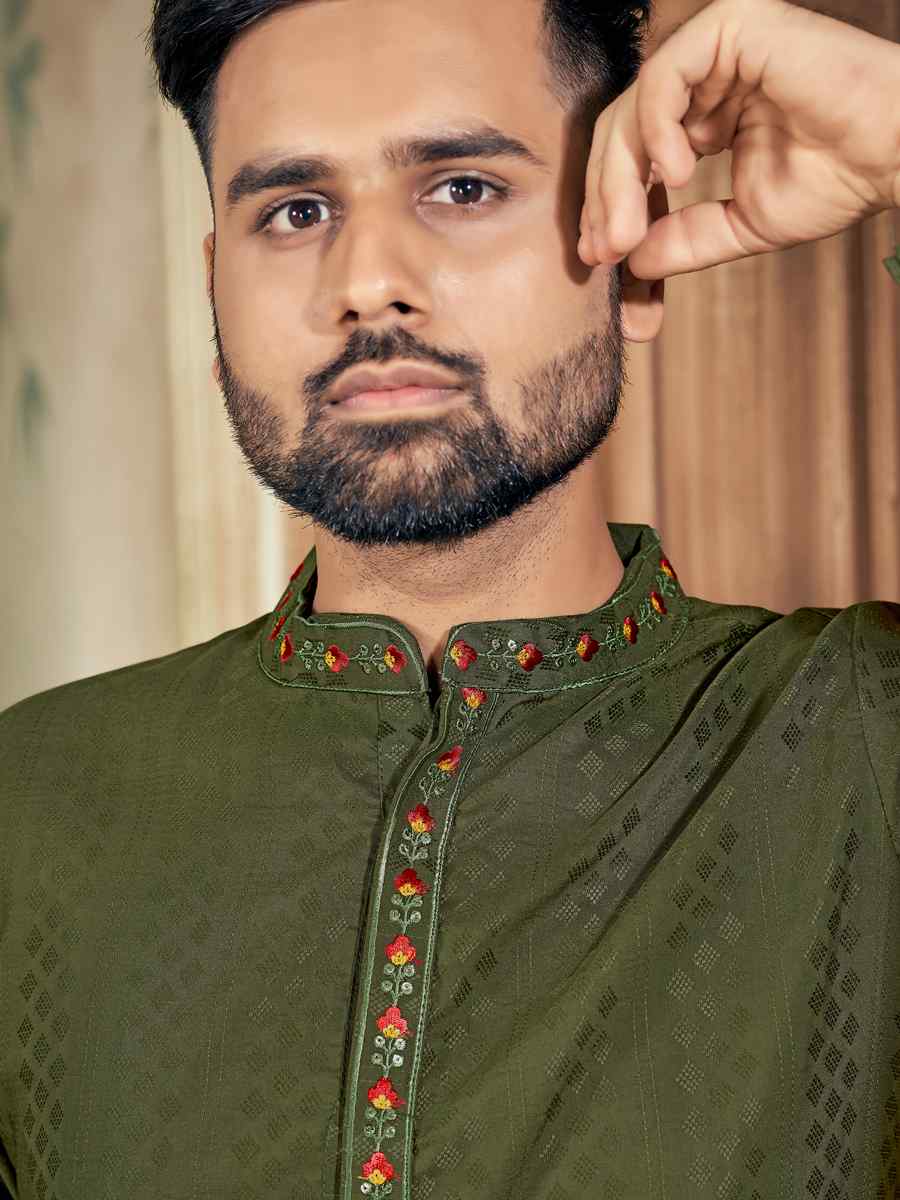 Anantam Olive Green Pure Viscose Embroidered Kurta Set