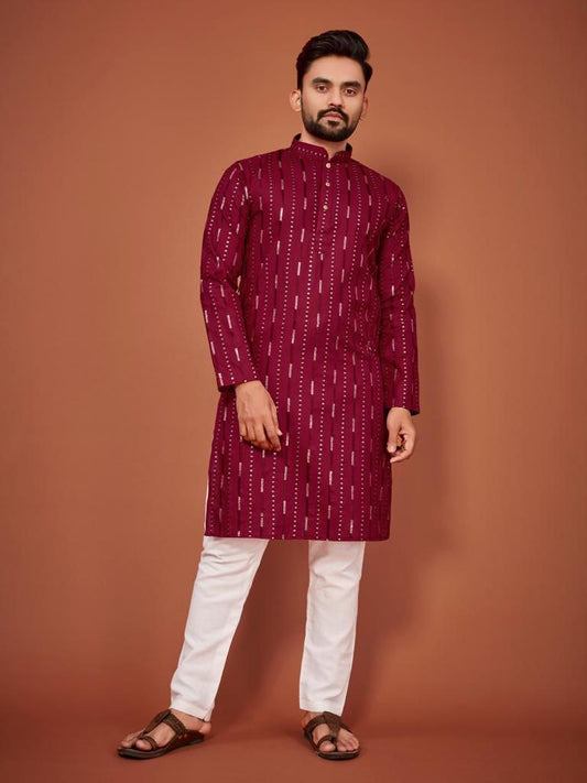 Cotton Embroidered Kurta with Pyjamas - Red