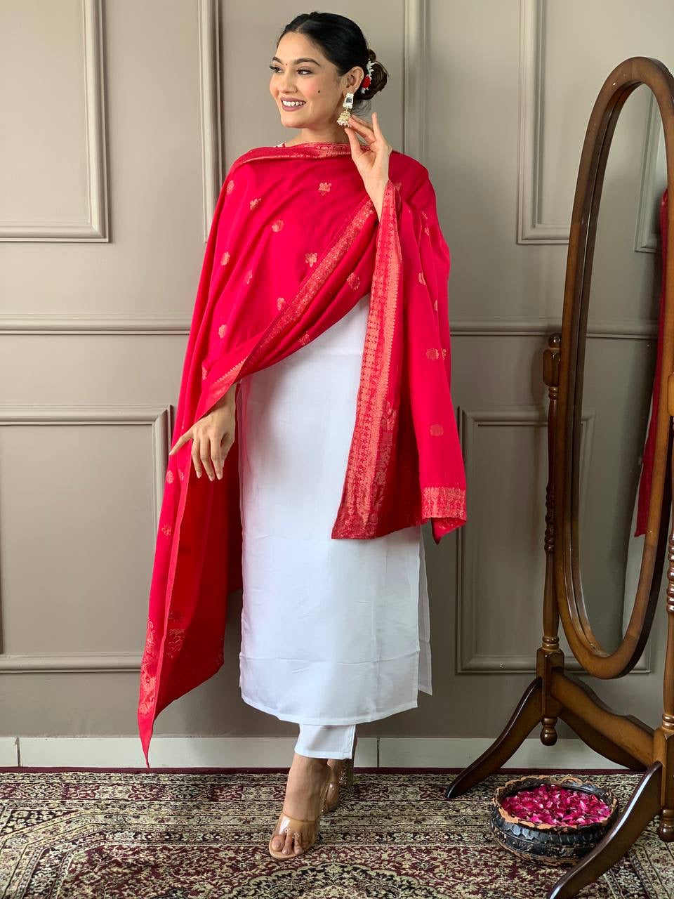 White Kurti with Red Dupatta Set