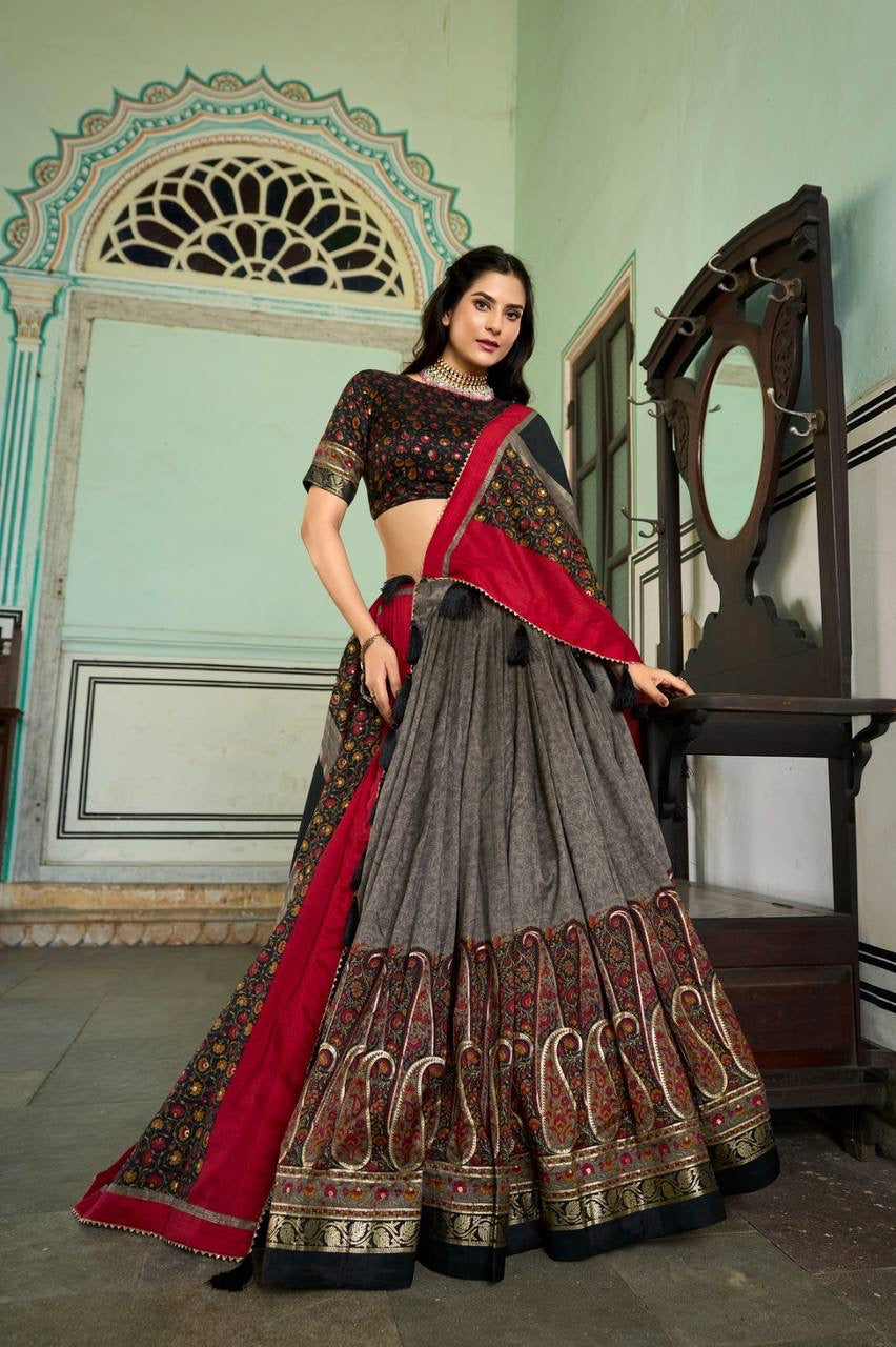 Kashmiri Print Tussar Silk Lehenga Choli with Foil Work