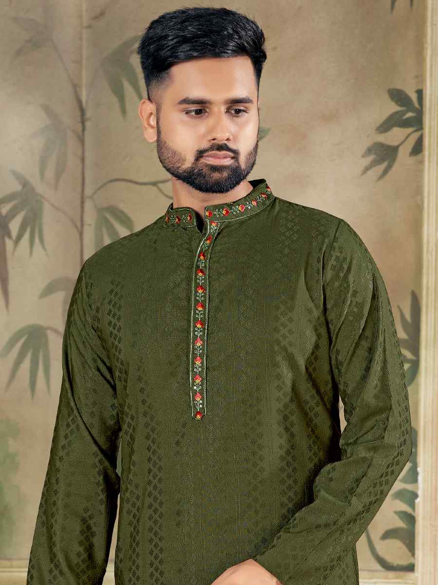 Anantam Olive Green Pure Viscose Embroidered Kurta Set