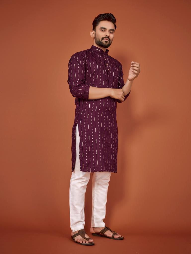 Cotton Embroidered Kurta with Pyjamas - Purple