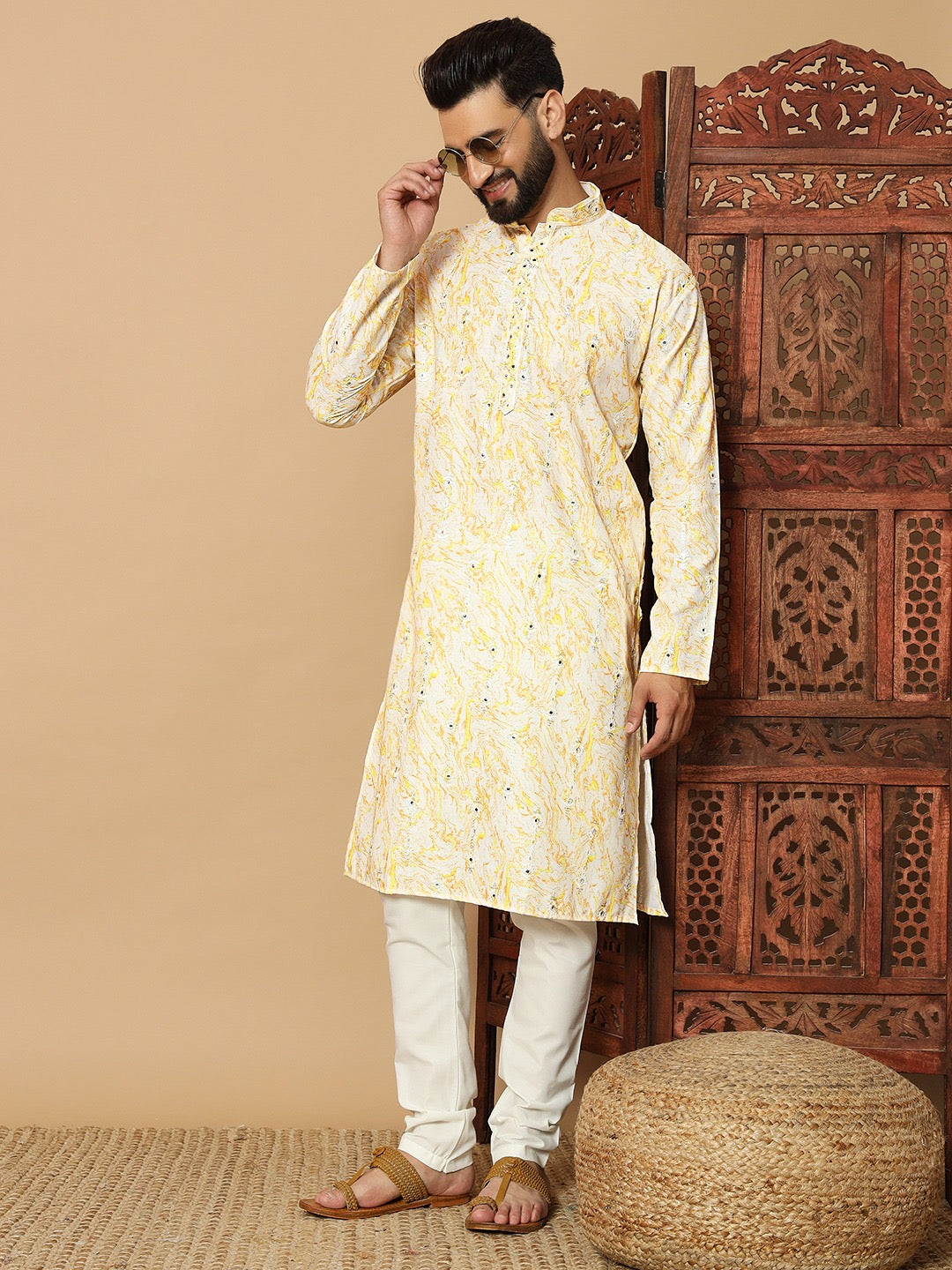 Yellow Designer Embroidery Work Linen Cotton Men’s Kurta