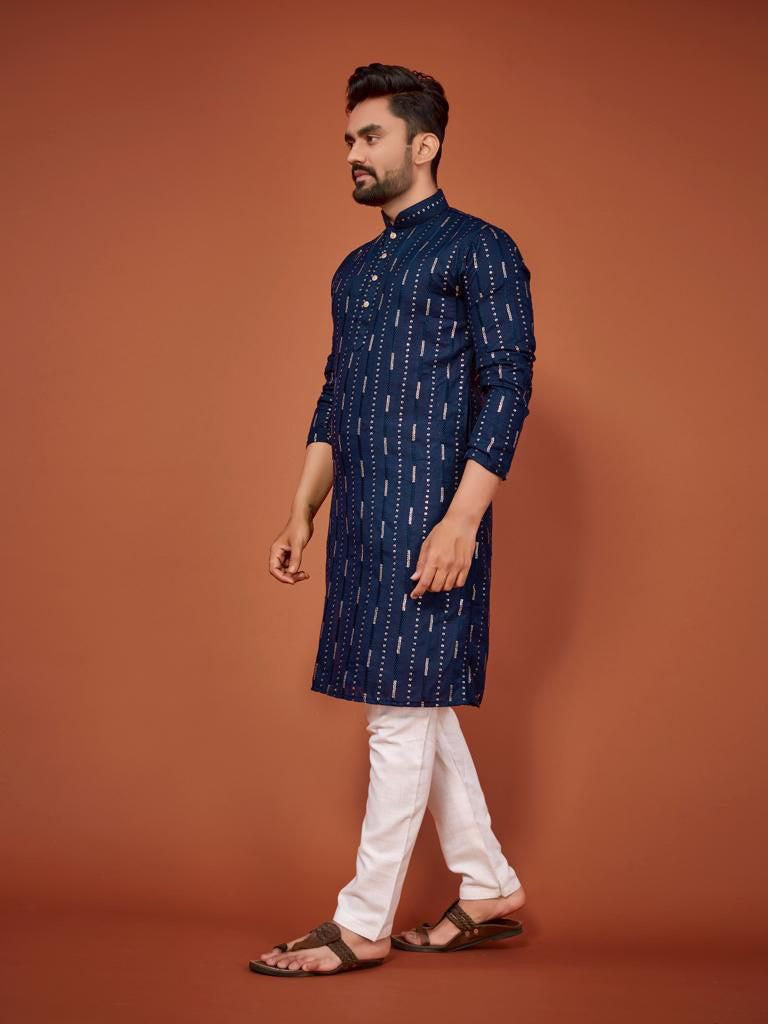 Cotton Embroidered Kurta with Pyjamas - Blue