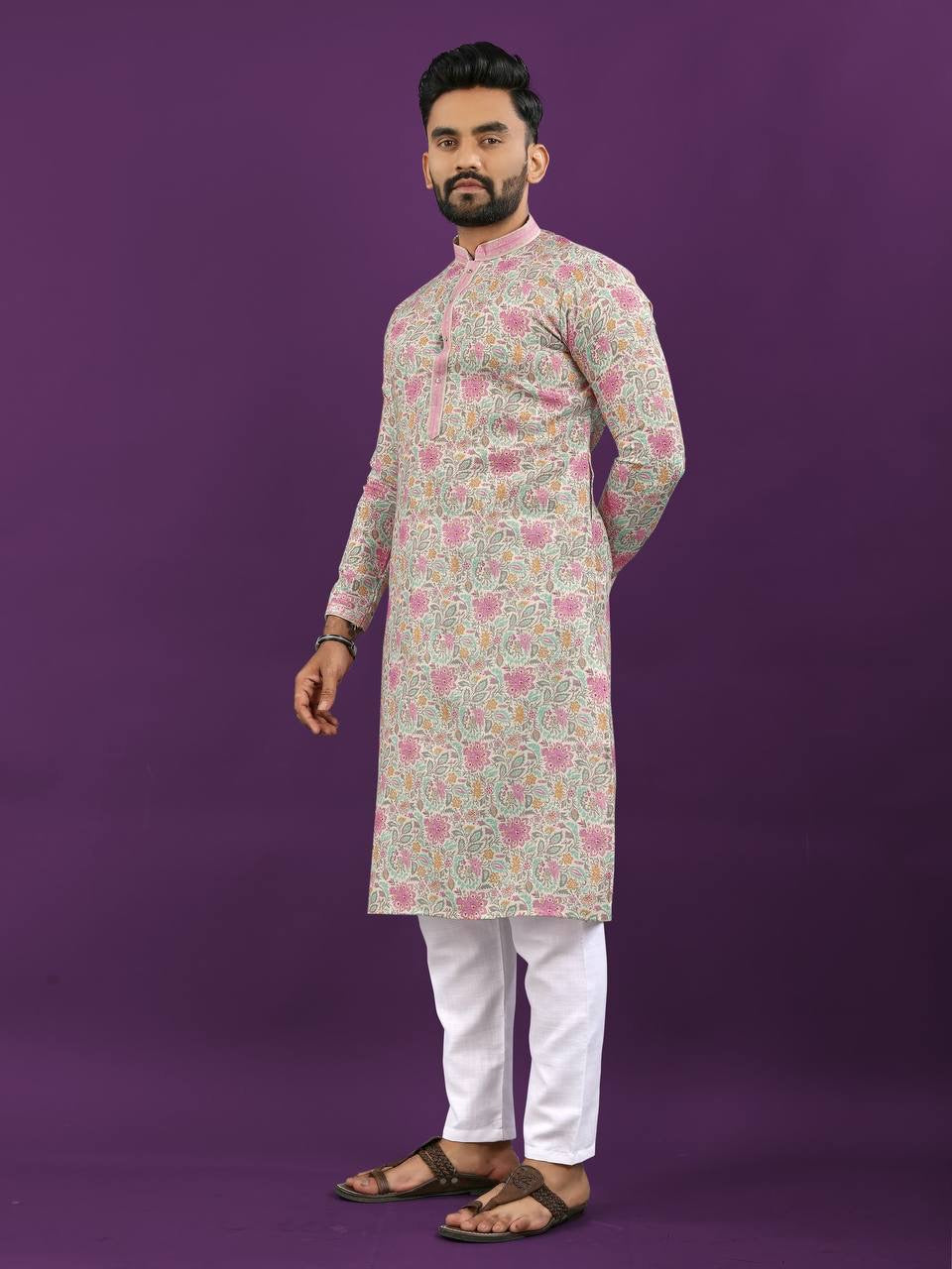 Bird And Floral Printed Kurta With Pyjama
