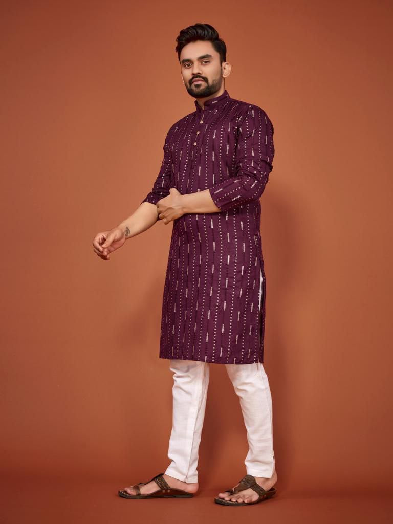 Cotton Embroidered Kurta with Pyjamas - Purple