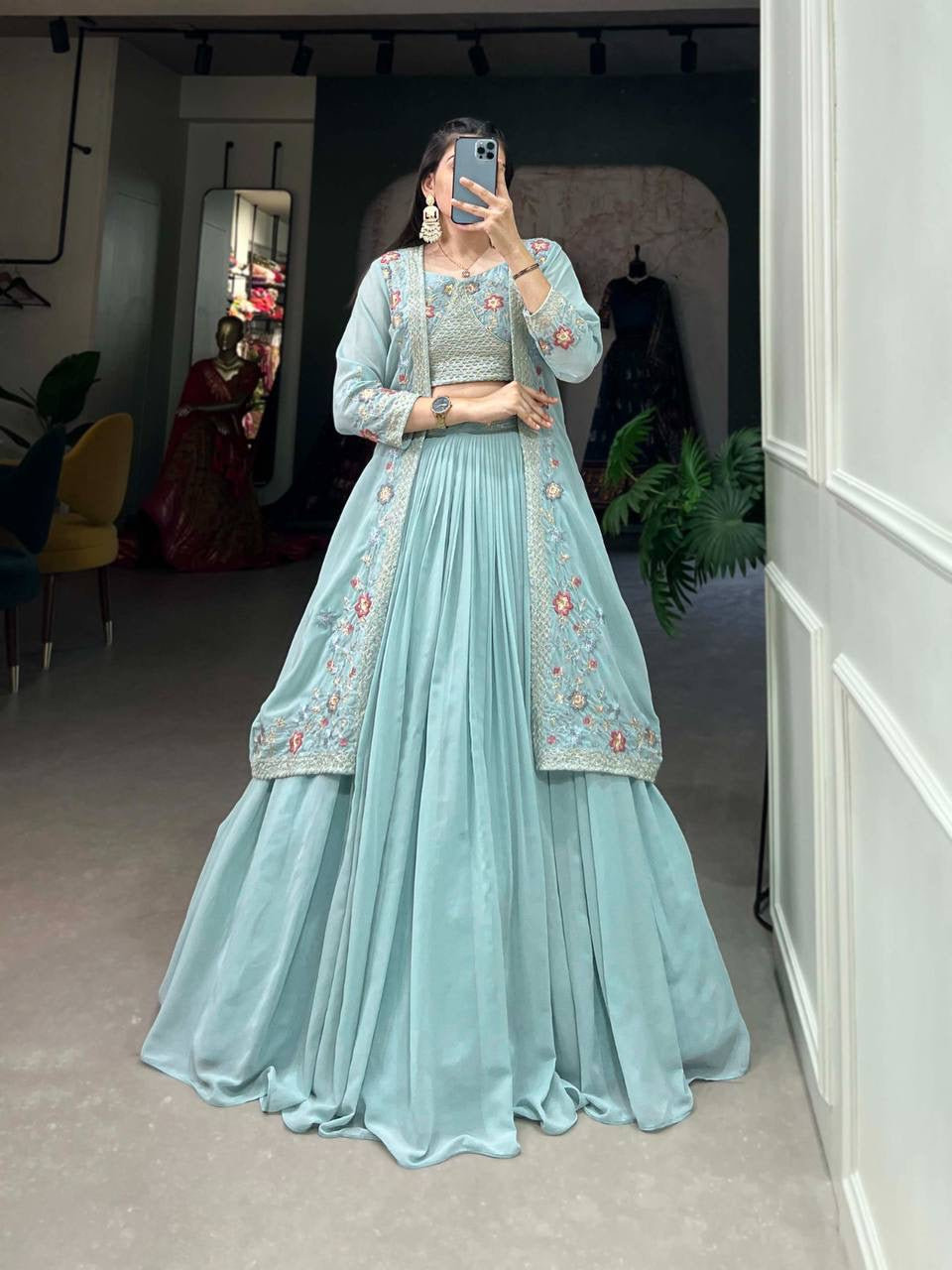 Aisha Georgette Lehenga Set with Blouse and Coat