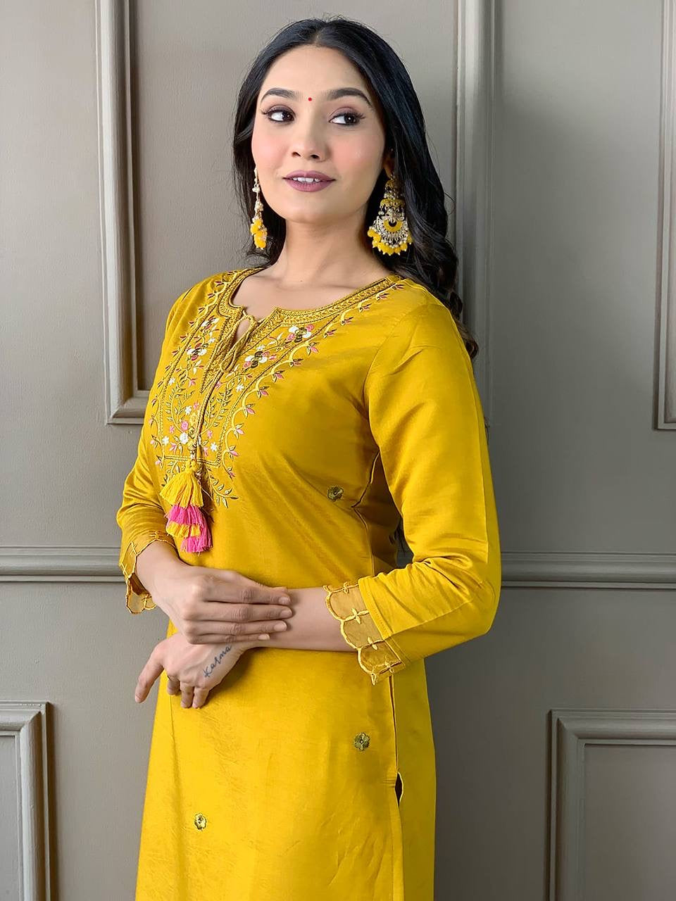 Yellow Chanderi Kurti Set with Dupatta