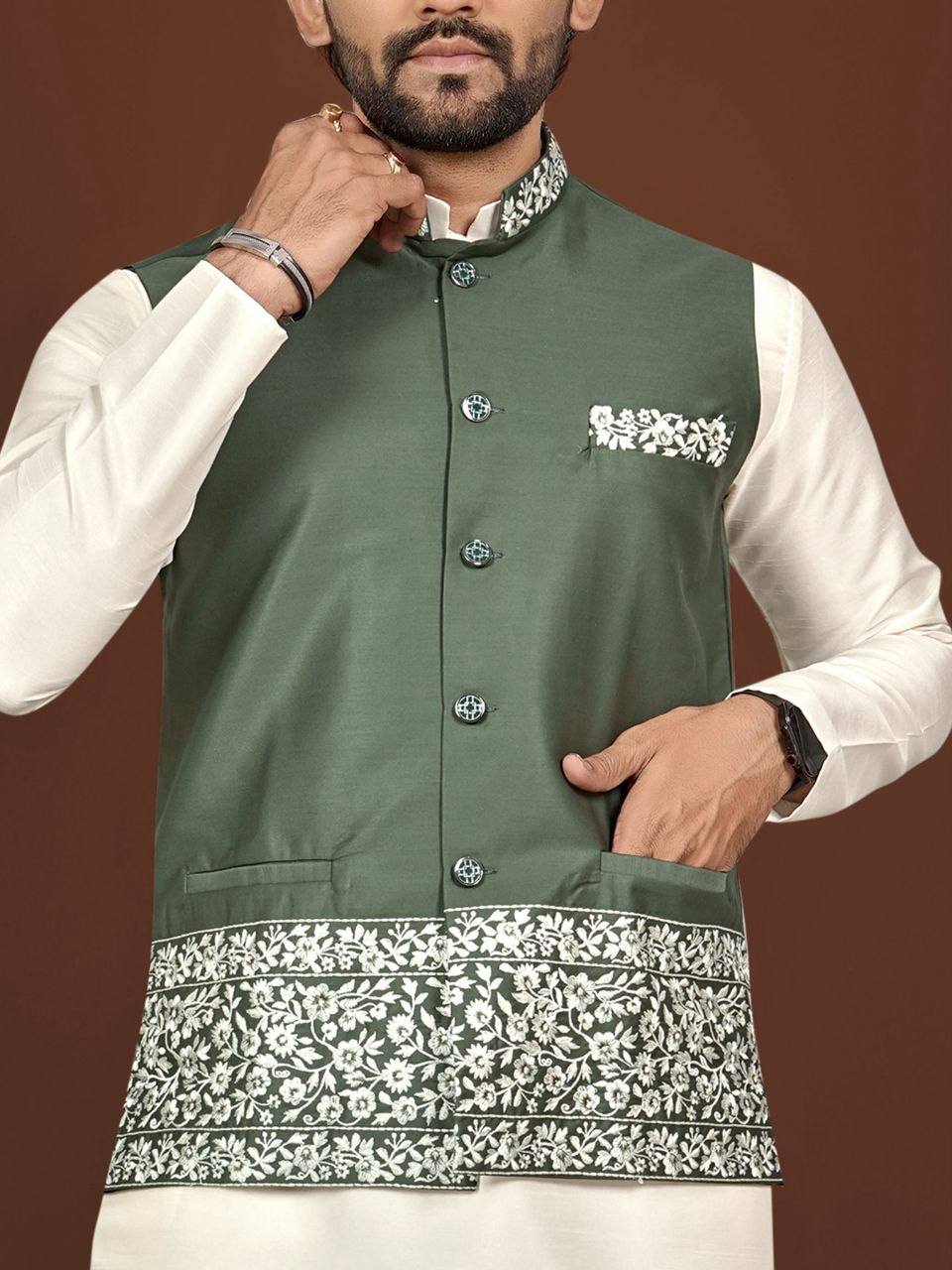 House of Kurtas men nehru jacket,kurta and pants set Olive Green Detail