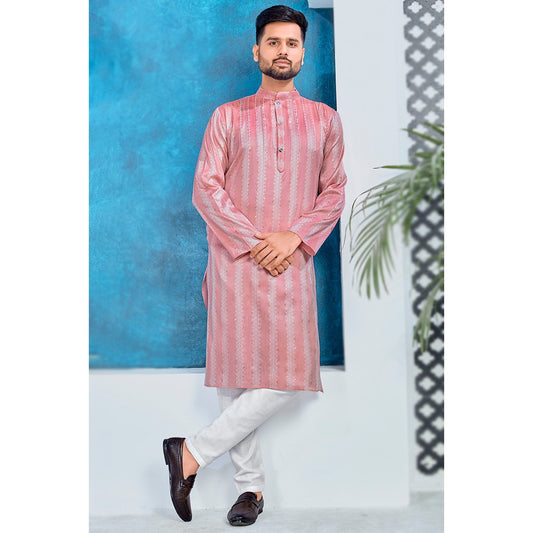 Pink Jacquard Silk Kurta with Pants