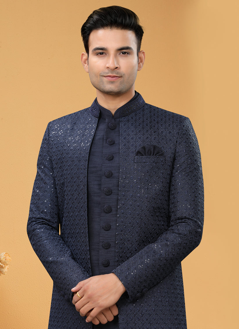 Embroidered Art Silk Indo Western Sherwani - Navy Blue