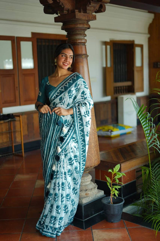 Chanderi Cotton Saree with Block Prints