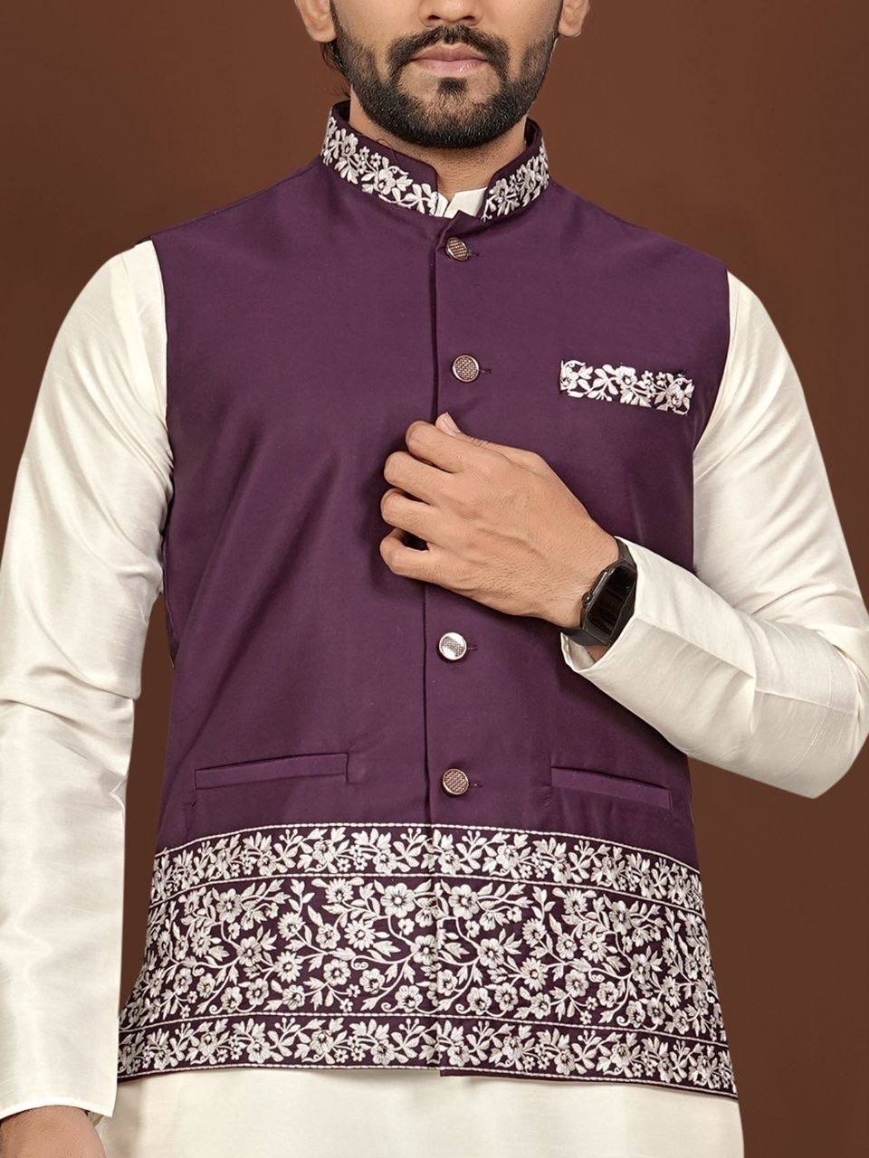 House of Kurtas men nehru jacket,kurta and pants set Burgundy Detail