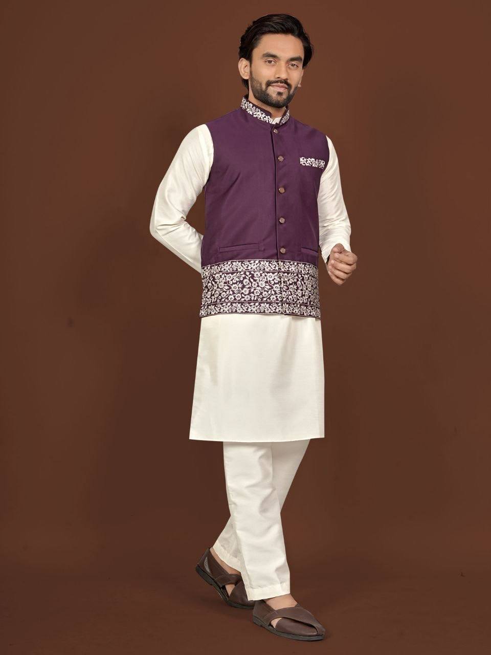 House of Kurtas men nehru jacket,kurta and pants set Burgundy Side View