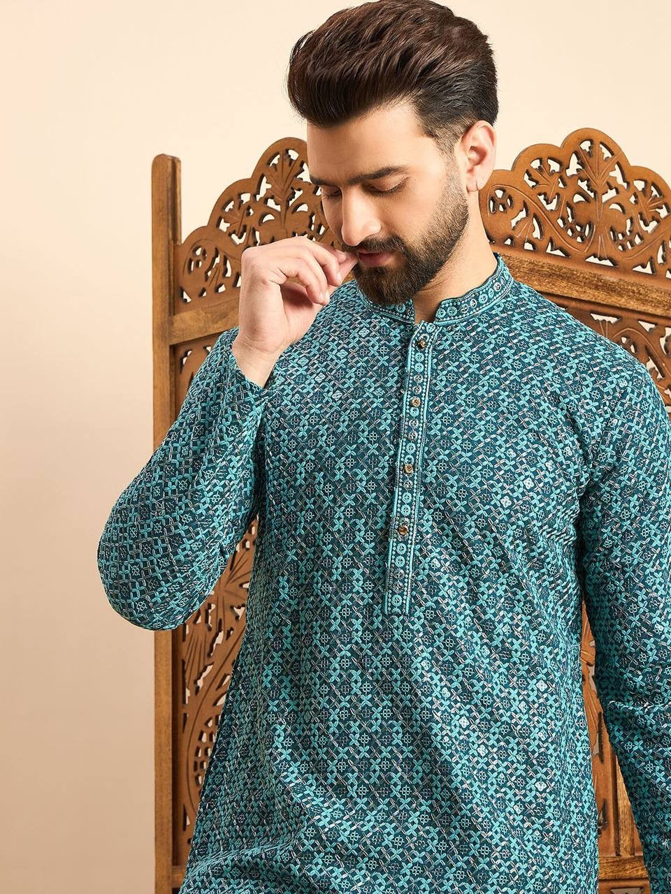 Teal Blue Chikankari Straight Kurta