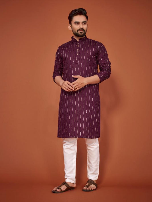 Cotton Embroidered Kurta with Pyjamas - Purple