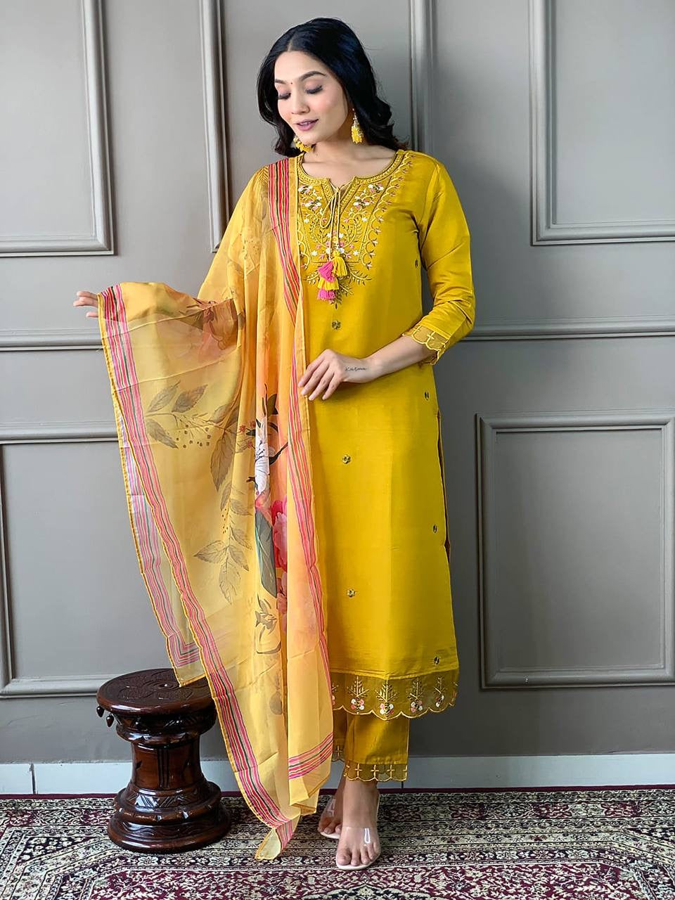 Yellow Chanderi Kurti Set with Dupatta